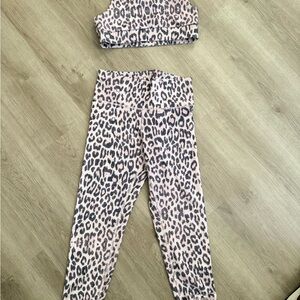 Savvi Leopard Print High-Waist Leggings and Sports Bra Set - Pink & Black